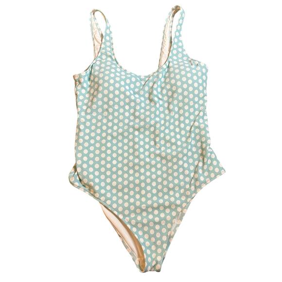Aerie Polka Dot Pique Scoop Cheeky One Piece Swimsuit XL Blue White Beach Swim - Picture 2 of 8